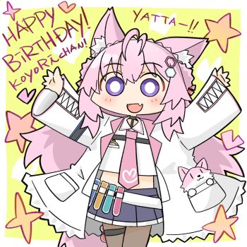 1girl :d and_takashi animal_ear_fluff animal_ears antenna_hair arms_up blue_skirt bright_pupils chibi chibi_only collared_shirt commentary_request crop_top fang hair_ornament hakui_koyori hakui_koyori_(1st_costume) happy_birthday heart hexagon_hair_ornament highres hololive lab_coat long_hair long_sleeves looking_at_viewer midriff necktie open_clothes open_mouth pink_hair pink_necktie pleated_skirt purple_eyes shirt skin_fang skirt smile star_(symbol) stuffed_animal stuffed_toy test_tube test_tube_holster virtual_youtuber white_pupils white_shirt wolf_ears
