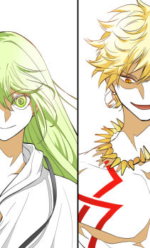 1boy 1other androgynous blonde_hair chest_tattoo commentary_request earrings enkidu_(fate) fate/strange_fake fate_(series) gilgamesh_(fate) green_eyes green_hair jewelry long_hair necklace open_mouth orange_eyes pectorals robe shiba44469 smile split_screen tattoo white_robe