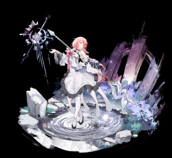 Rule 34 | 1girl, bare shoulders, black pants, black shoes, chinese commentary, closed mouth, corsage, cross-laced clothes, cross-laced sleeves, detached sleeves, dress, floating, floating object, flower, frilled dress, frilled sleeves, frills, full body, gem, grass, hand up, highres, holding, holding polearm, holding weapon, long hair, looking to the side, low-tied sidelocks, medium dress, multicolored hair, nana895, orange eyes, orange hair, original, pants, pantyhose, polearm, pond, purple flower, red gemstone, red hair, ripples, rock, shoes, sidelocks, simple background, sleeveless, sleeveless dress, solo, spear, standing, standing on liquid, streaked hair, swept bangs, tachi-e, very long hair, weapon, white dress, white pantyhose