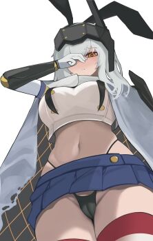 1girl absurdres animal_ears breasts cameltoe cloak commentary_request cosplay crop_top fake_animal_ears from_below goddess_of_victory:_nikke highleg highleg_panties highres kantai_collection large_breasts mechanical_arms microskirt midriff navel open_cloak open_clothes panties rabbit_ears shimakaze_(kancolle) shimakaze_(kancolle)_(cosplay) single_mechanical_arm skirt snow_white_(nikke) solo thighhighs thighs underwear visor_(armor) white_hair yakii_(yak11) yellow_eyes