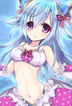 Rule 34 | 1girl, bare shoulders, blue hair, detached sleeves, emil chronicle online, frilled skirt, frilled sleeves, frilled tube top, frills, hair ornament, hair ribbon, highres, horns, long hair, lorelei lore, mermaid, monster girl, navel, pepeko pekopeko, purple eyes, red ribbon, ribbon, skirt, strapless, tube top, upper body