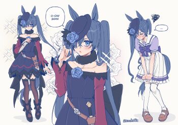 ... 1boy anger_vein animal_ears back_bow bare_shoulders belt black_boots black_bow black_dress black_hat black_pantyhose blue_eyes blue_flower blue_hair blue_rose blush boots bow bowtie brown_belt brown_sandals ciel_phantomhive closed_eyes closed_mouth collarbone commentary cosplay crossdressing crossdressing_(mtf) dress english_commentary flower frilled_skirt frills hat hat_flower highres holding holding_knife horse_ears horse_tail kemonomimi_mode knife kurosh00kie kuroshitsuji lace lace-trimmed_dress lace_trim long_hair off-shoulder_dress off_shoulder open_mouth pantyhose pleated_skirt puffy_short_sleeves puffy_sleeves purple_bow purple_bowtie purple_shirt red_sleeves rice_shower_(umamusume) rice_shower_(umamusume)_(cosplay) rose sailor_collar sandals shirt short_sleeves signature skirt speech_bubble spoken_ellipsis squiggle tail thighhighs tilted_headwear twintails umamusume very_long_hair white_sailor_collar white_skirt white_thighhighs
