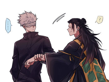 ... 2boys 7vnv80u3y0gjhmr ? bandages bandages_over_eyes black_hair black_jacket closed_eyes closed_mouth getou_suguru gojou_satoru grey_hair hair_bun half_updo highres holding_another&#039;s_wrist jacket japanese_clothes jujutsu_kaisen jujutsu_tech_uniform long_hair male_focus multiple_boys plug_(piercing) short_hair smile spoken_ellipsis spoken_question_mark sweatdrop upper_body white_background