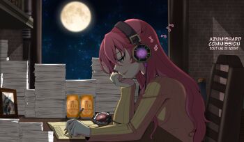 1girl absurdres azumishard beamed_eighth_notes beer_can can chair commentary drink_can eighth_note eiyuu_densetsu english_commentary english_text full_moon headphones highres holding holding_pencil indoors lofi_girl moon musical_note night paper_stack pencil picture_frame ribbed_sweater sara_valestein sen_no_kiseki_(series) sen_no_kiseki_i sitting sky solo sweater