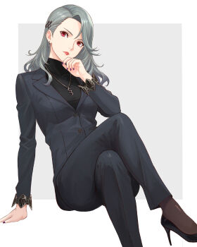 1girl black_jacket black_pants black_shirt commentary crossed_legs english_commentary formal_clothes green_hair high_heels highres jacket looking_at_viewer niijima_sae office_lady pant_suit pants persona persona_5 purple_nails red_eyes shirt solo suit truejekart