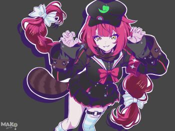 1girl alternate_costume armband artist_name black_background black_jacket black_skirt bow braid braided_twintails chest_bow claw_pose collar commentary commentary_request cowboy_shot english_commentary green_eyes hair_ribbon hands_up hat highres jacket kurimako leaf_print long_hair looking_at_viewer mixed-language_commentary outline parted_lips raccoon_tail red_armband red_bow ribbon skirt smile solo striped_clothes striped_thighhighs tail thigh_strap thighhighs ukinami_yuzuha white_hat white_outline white_ribbon zenless_zone_zero