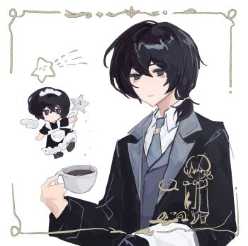 Rule 34 | 1boy, alternate costume, black eyes, black hair, black suit, blue necktie, chibi, formal clothes, full body, highres, limbus company, looking at viewer, mage staff, magical girl, male focus, necktie, project moon, s1nnis1, shirt, side ponytail, solo, staff, star (symbol), suit, tie clip, upper body, white shirt, wings, yi sang (project moon)