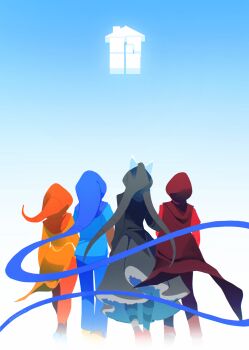 Rule 34 | 1boy, 3girls, animal ears, black dress, blue background, blue hood, blue pants, blue shirt, blue shoes, blue sky, cape, commentary, copyright logo, dave strider, dog ears, dress, english commentary, from behind, god tier (homestuck), gradient background, grey shoes, grey socks, highres, homestuck, hood, indigonite, jade harley, john egbert, june egbert, logo, looking up, multiple girls, orange hood, orange leggings, orange tunic, pants, red cape, red hood, red pants, red shirt, red shoes, rose lalonde, shirt, shoes, sky, socks, standing, striped clothes, striped socks, tunic, yellow shoes