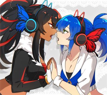 2girls animal_ear_headphones animal_ears artist_name black_hair blue_hair breasts brown_eyes cio_(ciosui) cleavage commentary cropped_hoodie cropped_jacket dark-skinned_female dark_skin english_commentary eye_contact fake_animal_ears fingerless_gloves fur-trimmed_jacket fur_trim genderswap genderswap_(mtf) gloves green_eyes grey_background hand_to_hand headphones highres hood hood_down hoodie jacket lace_background long_hair long_sleeves looking_at_another magnet_(vocaloid) midriff multicolored_hair multiple_girls open_mouth personification red_hair shadow_the_hedgehog sonic_(series) sonic_the_hedgehog streaked_hair three-quarter_sleeves upper_body winged_headphones wristband