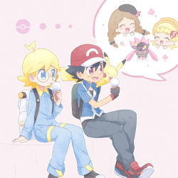 2boys 2girls akasaka_(qv92612) arm_support ash_ketchum backpack bag baseball_cap black_hair blonde_hair blue_eyes blue_jacket blue_jumpsuit bonnie_(pokemon) clemont_(pokemon) commentary_request diancie fingerless_gloves food gen_1_pokemon gen_6_pokemon glasses gloves hat highres holding ice_cream ice_cream_cone jacket jumpsuit legendary_pokemon licking long_sleeves multiple_boys multiple_girls mythical_pokemon nintendo open_mouth pants pikachu poke_ball_symbol pokemon pokemon_(anime) pokemon_(creature) pokemon_xy_(anime) red_eyes red_headwear serena_(pokemon) shoes short_hair short_sleeves sitting smile tongue tongue_out white_bag