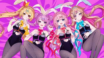 4girls :p absurdres black_leotard blonde_hair blue_eyes blue_nails bow bowtie card clothing_cutout cuffs cutout_above_navel detached_collar double_bun fishnet_pantyhose fishnets hair_bun hair_ornament hairband handcuffs heart_cutout heterochromia highres himehina_channel hoshikawa_sara leotard long_hair multicolored_hair multiple_girls nail_polish nijisanji object_in_bra pantyhose pink_eyes pink_hair pink_nails playboy_bunny playing_card purple_eyes rabbit_hole_(vocaloid) red_eyes red_nails ribbon side_ponytail smile streaked_hair suo_sango suzuki_hina tanaka_hime tongue tongue_out two-tone_hair virtual_youtuber x_hair_ornament yanagida_shiina yellow_eyes