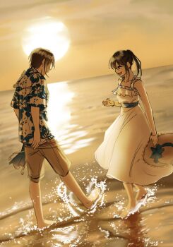 1boy 1girl bare_shoulders barefoot beach black_hair bracelet breasts commentary_request dress eren_yeager full_body grey_shorts hair_between_eyes hat hawaiian_shirt hayeong5097 highres holding holding_unworn_clothes holding_unworn_hat jewelry korean_commentary long_hair medium_breasts mikasa_ackerman ocean ponytail print_shirt shingeki_no_kyojin shirt short_hair shorts sleeveless sleeveless_dress soaking_feet splashing straw_hat sun_hat sundress sunset unworn_hat unworn_headwear white_dress