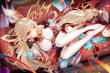 1girl alice_(genshin_impact) black_gloves blonde_hair braid breasts chinese_commentary cleavage commentary_request couch dodoco_(genshin_impact) full_body genshin_impact gloves hair_ornament highres large_breasts long_hair looking_at_viewer low-braided_long_hair low-tied_long_hair lying no_shoes on_back one_eye_closed orange_eyes qiuciquan smile solo thighhighs very_long_hair white_thighhighs