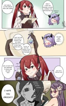 1boy 3girls 4koma camilla_(fire_emblem) closed_eyes comic dragon_boy fire_emblem fire_emblem_fates hair_over_one_eye kagura_oni letter male_corrin_(fire_emblem) multiple_girls nintendo one_eye_covered orochi_(fire_emblem) pointy_ears purple_eyes purple_hair red_eyes red_hair seashell selena_(fire_emblem_fates) shell speech_bubble sunglasses tiara twintails white_hair