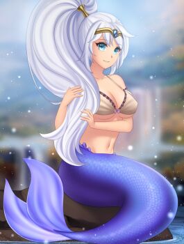 Rule 34 | 1girl, aqua eyes, bikini, blue gem, blue tail, breasts, cleavage, commentary, commission, english commentary, full body, gem, gigamessy, gold tiara, high ponytail, highres, holding own hair, kneeless merfolk, long hair, looking at viewer, medium breasts, merfolk, mermaid, monster girl, navel, original, parted lips, ponytail, sidelocks, sitting, smile, stomach, swimsuit, tiara, underboob, white hair