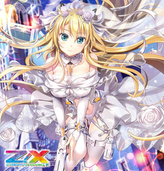 1girl aqua_eyes bare_shoulders blonde_hair breasts closed_mouth copyright_logo copyright_name dress earrings fujima_takuya gun hair_between_eyes holding holding_gun holding_weapon jewelry large_breasts logo long_hair looking_at_viewer official_art pouch rigel_(z/x) solo thigh_pouch thighhighs veil weapon wedding_dress white_thighhighs z/x