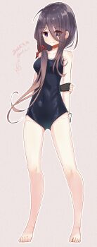 1girl absurdres ariake_(kancolle) arm_behind_back barefoot black_gloves black_hair breasts commentary_request competition_school_swimsuit dated eyes_visible_through_hair full_body gloves gluteal_fold gradient_hair hair_between_eyes hair_over_one_eye highres kantai_collection medium_breasts mf_u_c multicolored_hair pink_background purple_eyes purple_hair school_swimsuit solo swimsuit twitter_username