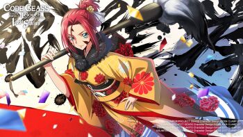 1girl blue_eyes breasts calligraphy calligraphy_brush closed_mouth code_geass code_geass:_lost_stories commentary_request confetti curtained_hair dutch_angle f4samurai facepaint floral_print flower forehead from_above fur-trimmed_kimono fur_collar fur_trim hair_bun hair_flower hair_ornament hair_stick hand_on_own_hip hand_up happy highres holding holding_brush japanese_clothes kimono kouzuki_kallen long_sleeves looking_at_viewer medium_breasts obi official_art over_shoulder oversized_object paintbrush red_flower sash short_hair sidelocks single_hair_bun smile solo standing translation_request v-shaped_eyebrows wide_sleeves yellow_flower yellow_kimono