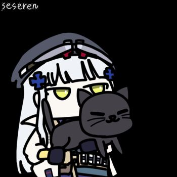 1girl animal animated animated_gif artist_name belt black_cat blunt_bangs cat chibi chibi_only clukay_(neural_cloud) cross_hair_ornament firing girls'_frontline girls'_frontline_neural_cloud green_eyes grey_hair grey_hat hair_ornament hat hk416_(girls'_frontline) holding holding_animal holding_cat jacket laser_cats_(meme) long_hair long_sleeves lowres meme open_clothes open_jacket seseren solo transparent_background unconventional_gun upper_body utility_belt white_jacket