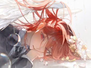 Rule 34 | 1boy, absurdres, angel devil (chainsaw man), angel wings, black necktie, black suit, blurry, bubble, chainsaw man, collared shirt, commentary, depth of field, eyelashes, flower wreath, formal clothes, head rest, highres, long hair, looking at viewer, male focus, necktie, parted lips, red eyes, red hair, shirt, solo, suit, upper body, white shirt, wings, you yeyou0904