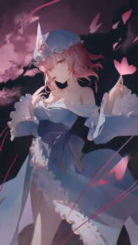 1girl absurdres bare_shoulders blue_hat blue_kimono breasts bug butterfly chinese_commentary cleavage commentary_request folded_fan folding_fan frilled_kimono frilled_sleeves frills hand_fan hat highres holding holding_fan insect japanese_clothes kimono long_sleeves looking_at_viewer medium_breasts medium_hair mob_cap off_shoulder pink_butterfly pink_eyes pink_hair saigyouji_yuyuko sleeve_garter solo thighs touhou triangular_headpiece wide_sleeves z-bow