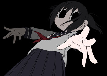 1girl absurdres black_background black_eyes black_hair black_sailor_collar black_skirt closed_mouth empty_eyes explosion_psycho foreshortening haguruma_hasami_(explosion_psycho) highres looking_at_viewer neckerchief original outstretched_arms pleated_skirt red_neckerchief sailor_collar school_uniform serafuku shirt simple_background skirt solo twintails white_shirt