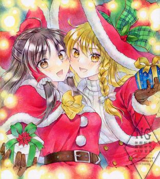 2girls alternate_costume alternate_headwear alto2019 belt blonde_hair blush bow bowtie box braid brown_belt brown_eyes brown_gloves brown_hair capelet christmas commentary_request dress frilled_bow frilled_hair_tubes frills fur-trimmed_capelet fur-trimmed_dress fur-trimmed_headwear fur-trimmed_sleeves fur_trim gift gift_box gloves green_bow hair_bow hair_tubes hakurei_reimu hat hat_bow highres holding holding_gift kirisame_marisa long_hair long_sleeves marker_(medium) multiple_girls open_mouth red_bow red_capelet red_dress red_hat santa_costume santa_dress side_braid signature single_braid smile sweater touhou traditional_media watermark watermark_grid white_bow white_sweater witch_hat yellow_bow yellow_bowtie yellow_eyes