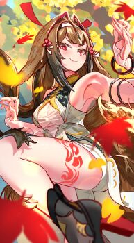 1girl arm_up armlet armpits bare_shoulders blurry blurry_foreground bracelet breasts brown_hair brown_tail china_dress chinese_clothes closed_mouth clover clover_hair_ornament commentary_request dress droopy_ears falling_leaves hair_ornament hairband harukimatsui_25 highres jewelry leaf leg_tattoo long_hair looking_at_viewer maple_leaf medium_breasts metal_bracelet outdoors red_eyes see-through_clothes silver_armlet silver_bracelet smile solo standing standing_on_one_leg tail tattoo very_long_hair white_dress white_hairband ye_shunguang zenless_zone_zero