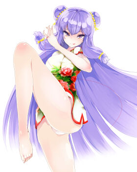 1girl :q absurdres barefoot breasts cameltoe china_dress chinese_clothes double_bun dress feet female_focus fighting_stance floral_print hair_bun highres large_breasts leg_up legs long_hair long_legs panties pantyshot purple_eyes purple_hair ranma_1/2 shampoo_(ranma_1/2) solo standing string string_around_finger string_of_fate thighs toes tongue tongue_out ue underwear very_long_hair