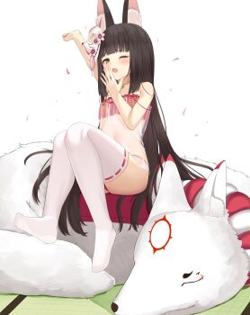 1girl ;o absurdres animal_ears arm_behind_head azur_lane bare_shoulders blush breasts brown_hair commentary_request dress fox_ears fox_girl fox_mask full_body hand_up highres knees_up long_hair looking_at_viewer mashiro03 mask mask_on_head nagato_(azur_lane) nagato_(great_fox&#039;s_respite)_(azur_lane) navel one_eye_closed panties red_panties ribbon-trimmed_thighhighs ribbon_trim see-through_clothes see-through_dress sitting sleepy small_breasts solo strap_slip stretching thighhighs thighs underwear very_long_hair yawning yellow_eyes