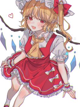 1girl amatukimahoro ascot blonde_hair blush bow collared_shirt commentary crystal crystal_wings detached_wings fang flandre_scarlet foot_out_of_frame frilled_shirt_collar frilled_skirt frilled_wrist_cuffs frills hat heart highres looking_at_viewer mob_cap multicolored_wings one_side_up open_mouth pointy_ears puffy_short_sleeves puffy_sleeves red_bow red_eyes red_skirt red_vest revision shirt short_sleeves simple_background skin_fang skirt skirt_bow skirt_set smile socks solo touhou twitter_username vest watermark white_background white_bow white_hair white_hat white_shirt white_socks white_wrist_cuffs wing_collar wings wrist_cuffs yellow_ascot