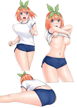 1girl ass blue_buruma blue_eyes blush bouncing_breasts breasts buruma clothes_lift exercising go-toubun_no_hanayome green_ribbon gym_uniform hair_ribbon highres kosmos_beta large_breasts lifting_own_clothes looking_at_viewer multiple_views nakano_yotsuba navel no_bra open_mouth orange_hair ribbon shirt shirt_lift short_hair simple_background stomach stretching thighs underboob white_background white_shirt