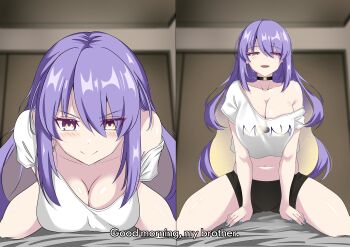 1girl absurdres black_shorts blue_nails blush breasts character_name cleavage commentary crop_top english_text good_morning_my_brother_(meme) highres hololive hololive_indonesia indoors large_breasts long_hair looking_at_viewer meme moona_hoshinova moona_hoshinova_(casual) multiple_views parody purple_hair raikkonen scene_reference shirt short_shorts shorts single_bare_shoulder smile subtitled tokidoki_bosotto_roshia-go_de_dereru_tonari_no_alya-san v-shaped_eyebrows virtual_youtuber white_shirt