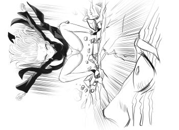 1boy 1girl absurdres accidental_pervert anger_vein curly_hair debris dress glaring greyscale high_heels highleg highleg_panties highres king_(one-punch_man) legs luizhtx medium_hair monochrome one-punch_man outstretched_arms panties pantyshot scar scar_on_face squatting tatsumaki underwear wide-eyed