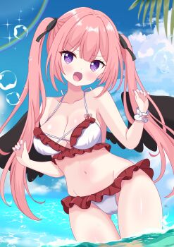 1girl :d absurdres bare_arms bare_shoulders bikini black_ribbon blue_sky blush borrowed_character breasts cleavage cloud collarbone cowboy_shot day demon_wings fallen_angel fang frilled_bikini frills gluteal_fold halterneck highres hiiragisensei horizon large_breasts long_hair looking_at_viewer medium_breasts nail_polish navel ocean open_mouth original outdoors pink_hair purple_eyes ribbon sidelocks sky smile solo standing stomach sunlight swimsuit twintails very_long_hair wading water white_bikini wings