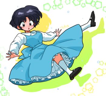 1girl abstract_background arms_out belt_bow black_hair blue_dress blush brown_eyes brown_fur dress falling long_dress long_sleeves open_mouth petticoat ranma_1/2 school_uniform shirt short_hair signature socks surprised tendou_akane wanta_(futoshi) white_shirt white_socks
