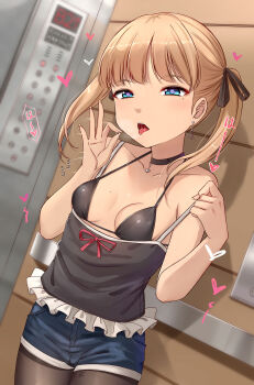1girl black_bra black_camisole black_choker black_pantyhose black_ribbon blonde_hair blue_eyes blue_shorts blurry blurry_background bra breasts camisole choker collarbone commentary_request denim denim_shorts earrings elevator elevator_door fellatio_gesture hair_ribbon heart highres jewelry loli looking_at_viewer mole mole_under_eye open_mouth original pantyhose ribbon short_shorts shorts skywalker0610 small_breasts solo standing strap_pull stud_earrings teeth tongue tongue_out underwear upper_teeth_only