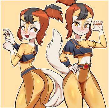 1girl :3 animal armlet ass black_hair black_shirt blush brown_hair cat cat_girl cat_tail claws collarbone dancer fang flat_chest from_behind furry hand_on_own_hip harem_outfit high_ponytail jewelry loli looking_at_viewer looking_back midriff multicolored_hair multiple_views open_mouth pelvic_curtain pointing pointing_at_self ponytail rukisan(pixiv) shirt short_hair short_sleeves single_sleeve slit_pupils smile standing tail thick_thighs thighs thundercats thundercats_(2011) two-tone_hair wilykit wristband yellow_background yellow_eyes yellow_fur