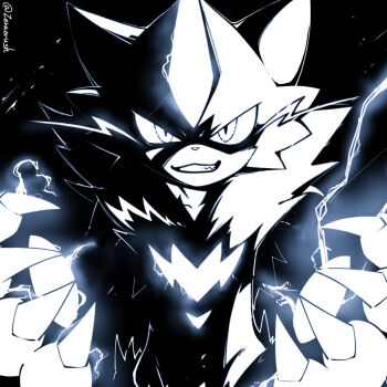 Rule 34 | black background, claws, commentary request, electricity, gen 7 pokemon, glowing, greyscale, grin, highres, horns, legendary pokemon, mega pokemon, mega zeraora, monochrome, mythical pokemon, nintendo, pokemon, pokemon (creature), pokemon focus, single horn, smile, solo, teeth, twitter username, upper body, v-shaped eyes, zeraora, zeraorush (hkvn7723)