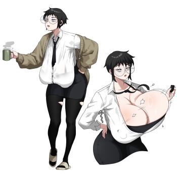 1girl absurdres amx1375 bags_under_eyes black_hair black_necktie black_pantyhose black_skirt body_freckles braces breasts brown_cardigan bursting_breasts cardigan cleavage coffee_mug collarbone collared_shirt commentary controller covered_erect_nipples cropped_legs cup dress_shirt earbuds earphones english_commentary flying_button freckles full_body furrowed_brow glasses highres holding holding_cup holding_remote_control huge_breasts inconvenient_breasts jimiko leaning_forward long_sleeves mug multiple_views necktie office_lady open_cardigan open_clothes open_mouth original pantyhose partially_unbuttoned pencil_skirt popped_button remote_control round_eyewear sagging_breasts sandals shirt short_hair simple_background single_off_shoulder skirt slides standing steam torn_clothes torn_pantyhose wardrobe_malfunction white_background white_shirt