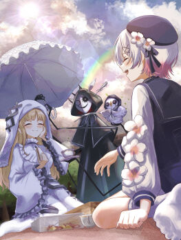 2girls :d absurdres apple apple_slice beret bird black_hat blonde_hair closed_eyes cloud commentary_request cross cup dress feet food frilled_sleeves frills fruit gokuchou hair_ornament hand_on_own_face hat highres hikami_meruru hime_cut holding holding_umbrella lens_flare mahou_shoujo_no_majo_saiban multiple_girls narehate_(mahou_shoujo_no_majo_saiban) okanda open_mouth owl picnic pink_hair rainbow sakuraba_ema sandwich smile socks spoilers teacup tree umbrella veil white_dress white_hair white_socks white_veil x_hair_ornament