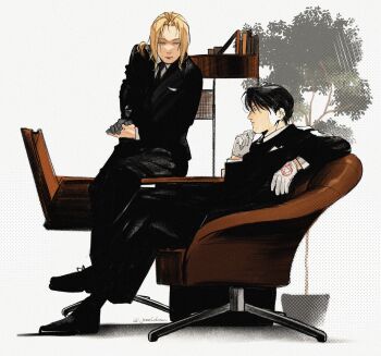 Rule 34 | 2boys, black hair, black jacket, black necktie, black pants, black shoes, blonde hair, book, chain, closed mouth, collared shirt, commentary, crossed legs, desk, edward elric, full body, fullmetal alchemist, gloves, hair between eyes, hair over shoulder, hand on own chin, highres, jacket, jeweldraw, long hair, male focus, mechanical arms, multiple boys, necktie, own hands together, pants, parted bangs, plant, potted plant, roy mustang, shirt, shoes, short hair, single mechanical arm, sitting, suit jacket, symbol-only commentary, twitter username, white gloves, white shirt, yellow eyes