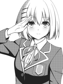 1girl absurdres blazer breasts collared_shirt date_a_live hair_ornament hairclip halftone highres jacket lapels long_sleeves looking_at_viewer medium_breasts monochrome neck_ribbon pocket raizen_high_school_uniform ribbon salute school_uniform shirt skirt skyielovk48 smile solo tobiichi_origami white_background white_shirt