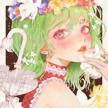 1girl artist_name blush border bug butterfly closed_umbrella commentary_request flower flower_wreath from_side glint gold_ring green_hair highres holding holding_flower insect jewelry kazami_yuuka lipstick looking_at_viewer makeup medium_hair nywerya ornate_ring outside_border parted_lips portrait purple_flower red_eyes red_flower red_lips ring sleeveless solo touhou umbrella white_border white_butterfly white_flower white_umbrella yellow_flower