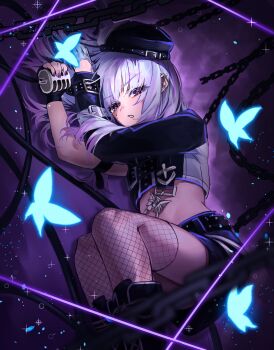 Rule 34 | 1girl, belt, beret, black belt, black hat, black jacket, black skirt, blue butterfly, bug, butterfly, butterfly ornament, chain, commentary request, cowboy shot, ear piercing, fingerless gloves, fingernails, fishnet thighhighs, fishnets, gloves, hat, highres, holding, holding microphone, insect, jacket, long hair, looking at viewer, microphone, midriff, miniskirt, mob hz, mole, mole under eye, multiple moles, nail polish, parted lips, piercing, purple background, purple eyes, purple hair, purple nails, rk music, single fingerless glove, single sleeve, skirt, solo, textless version, thighhighs, virtual youtuber, wispy bangs, xiden