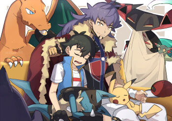 2boys ash_ketchum baseball_cap black_headwear blue_jacket cape champion_uniform charizard closed_eyes closed_mouth commentary_request dark-skinned_male dark_skin dragapult dreepy facial_hair fur-trimmed_cape fur_trim gen_1_pokemon gen_4_pokemon gen_8_pokemon gengar gloves hat highres holding holding_unworn_clothes holding_unworn_hat jacket leggings leon_(pokemon) long_hair looking_down lucario male_focus mouth_hold multiple_boys nintendo open_mouth ou_negi pikachu pokemon pokemon_(anime) pokemon_(creature) pokemon_journeys purple_hair red_cape shield_print shirt short_sleeves shorts single_glove sitting sleeping sleeveless sleeveless_jacket smile sword_print t-shirt teeth tongue unworn_hat unworn_headwear white_legwear white_shirt white_shorts yellow_eyes