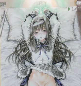 1girl akemi_homura arms_up bed_sheet black_capelet black_eyes black_hair black_hairband black_skirt bound bound_wrists breasts capelet clothes_lift commentary_request cuffs frilled_skirt frills groin_tendon hairband handcuffs highres indoors katsu_(24791909) long_hair long_sleeves looking_at_viewer mahou_shoujo_madoka_magica mahou_shoujo_madoka_magica_(anime) marker_(medium) navel neck_ribbon no_panties pillow pleated_skirt purple_ribbon restrained ribbon shirt skirt skirt_lift solo traditional_media upper_body viewfinder white_shirt