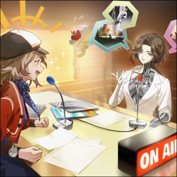 +++ 2girls android apple apple_(reverse:1999) arm_on_table arms_on_table blue_dress blue_neckerchief breasts brown_hair newsboy_cap desk_microphone dress envelope face-to-face food fruit hand_up hat holding holding_envelope indoors interview jacket joints looking_at_another lucy_(reverse:1999) medium_breasts metal_skin multiple_girls neckerchief orange_eyes paper polka_dot_neckerchief radio_booth record_jacket red_jacket regulus_(reverse:1999) reverse:1999 robot_girl robot_joints shirt short_hair sparkle speech_bubble spoken_object susii table upper_body watch white_shirt wristwatch yellow_eyes