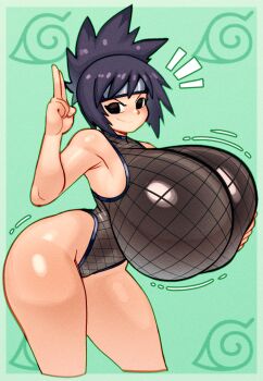 1girl alternate_breast_size_(larger) angstrom armpits bare_shoulders bent_over black_hair breasts gigantic_breasts highres looking_at_viewer mitarashi_anko naruto_(classic) naruto_(series) shiny_skin smile solo standing thighs