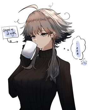 1girl ahoge arknights black_gloves black_sweater breasts commentary cup drinking english_text gloves grey_eyes grey_hair haki_penguin highres holding holding_cup large_breasts long_hair long_sleeves mayer_(arknights) messy_hair mug solo speech_bubble sweater thought_bubble turtleneck turtleneck_sweater white_background zzz